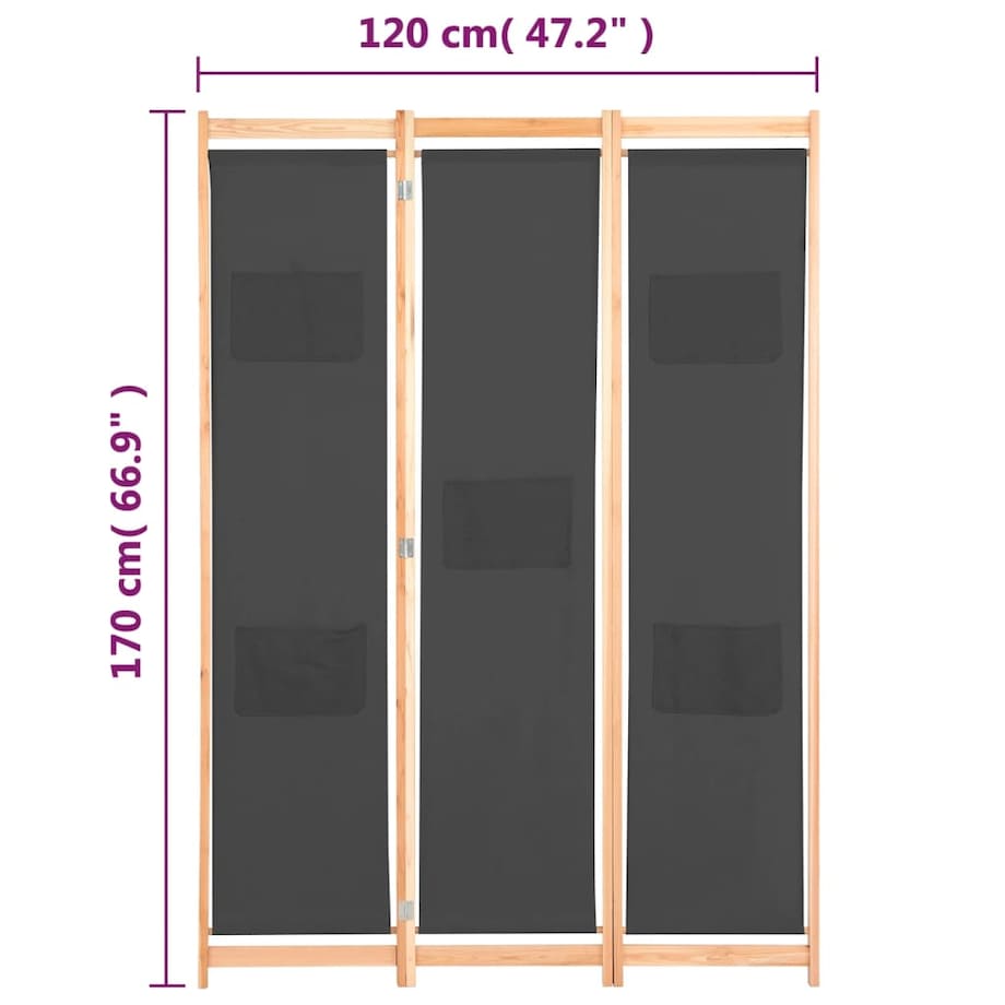 vidaXL Parawan 3-panelowy, szary, 120x170x4 cm, tkanina