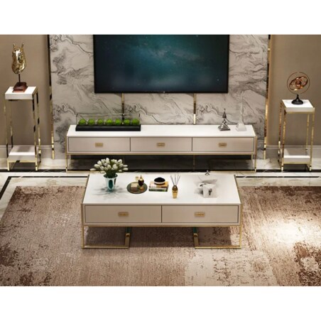 Nowoczesny złoty stolik kawowy biały z szyfladami nowojorski / ława Exclusive White Premium 130x70x42 glamour