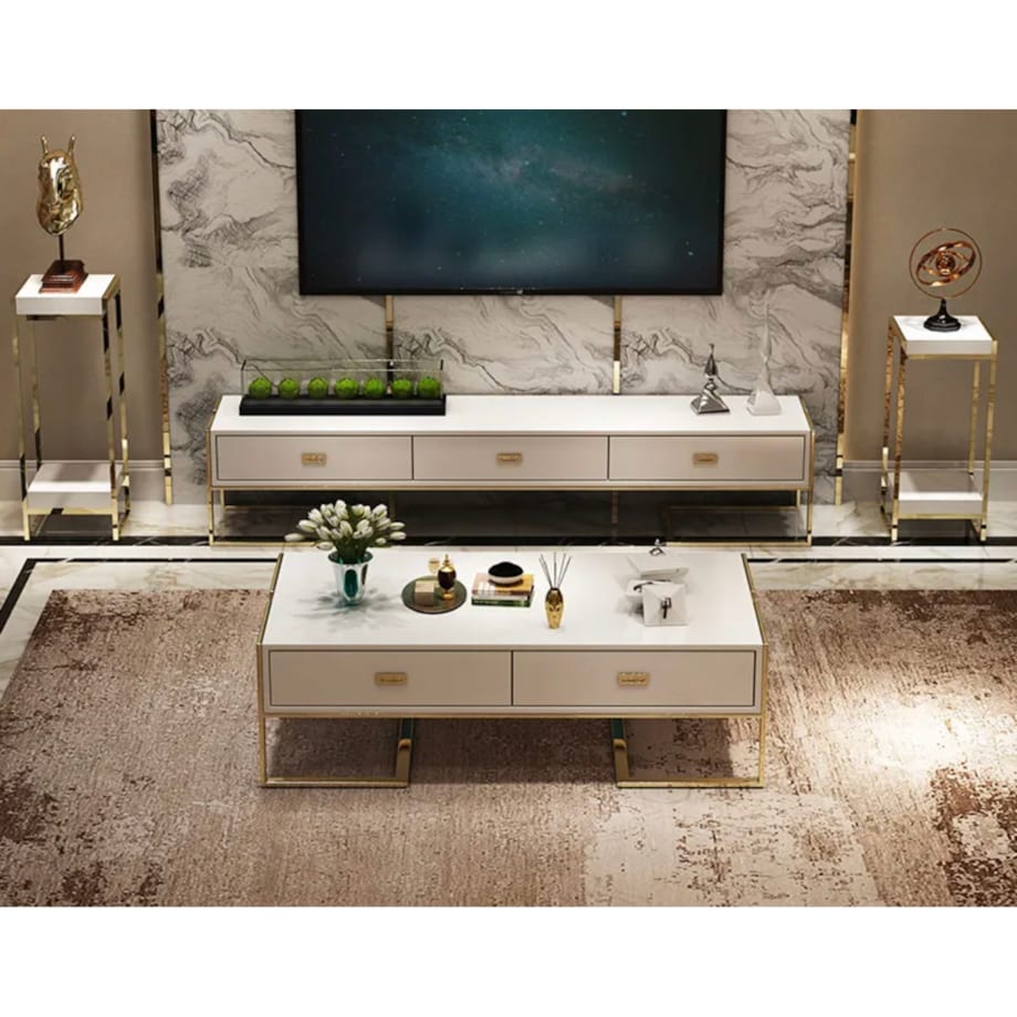 Nowoczesny złoty stolik kawowy biały z szyfladami nowojorski / ława Exclusive White Premium 130x70x42 glamour