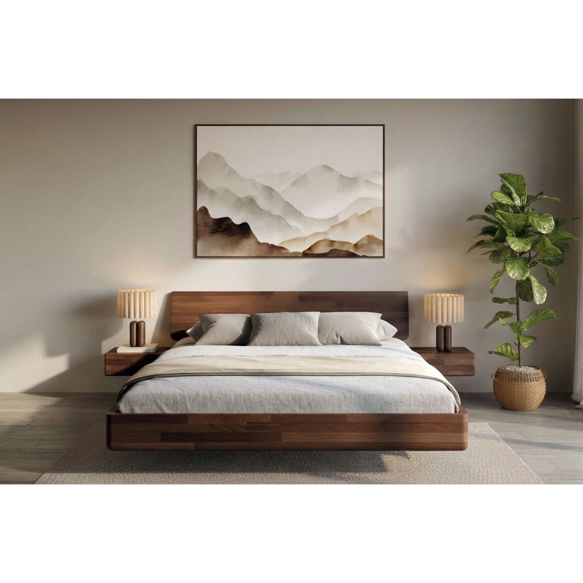 Łóżko lewitujące drewniane bukowe Visby LENA z szafkami / 200x200 cm, kolor orzech