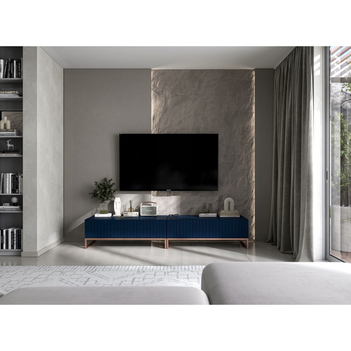 Nowoczesna Szafka RTV Glamour Komoda RTV Ryflowane fronty Granatowy Mat 220 cm