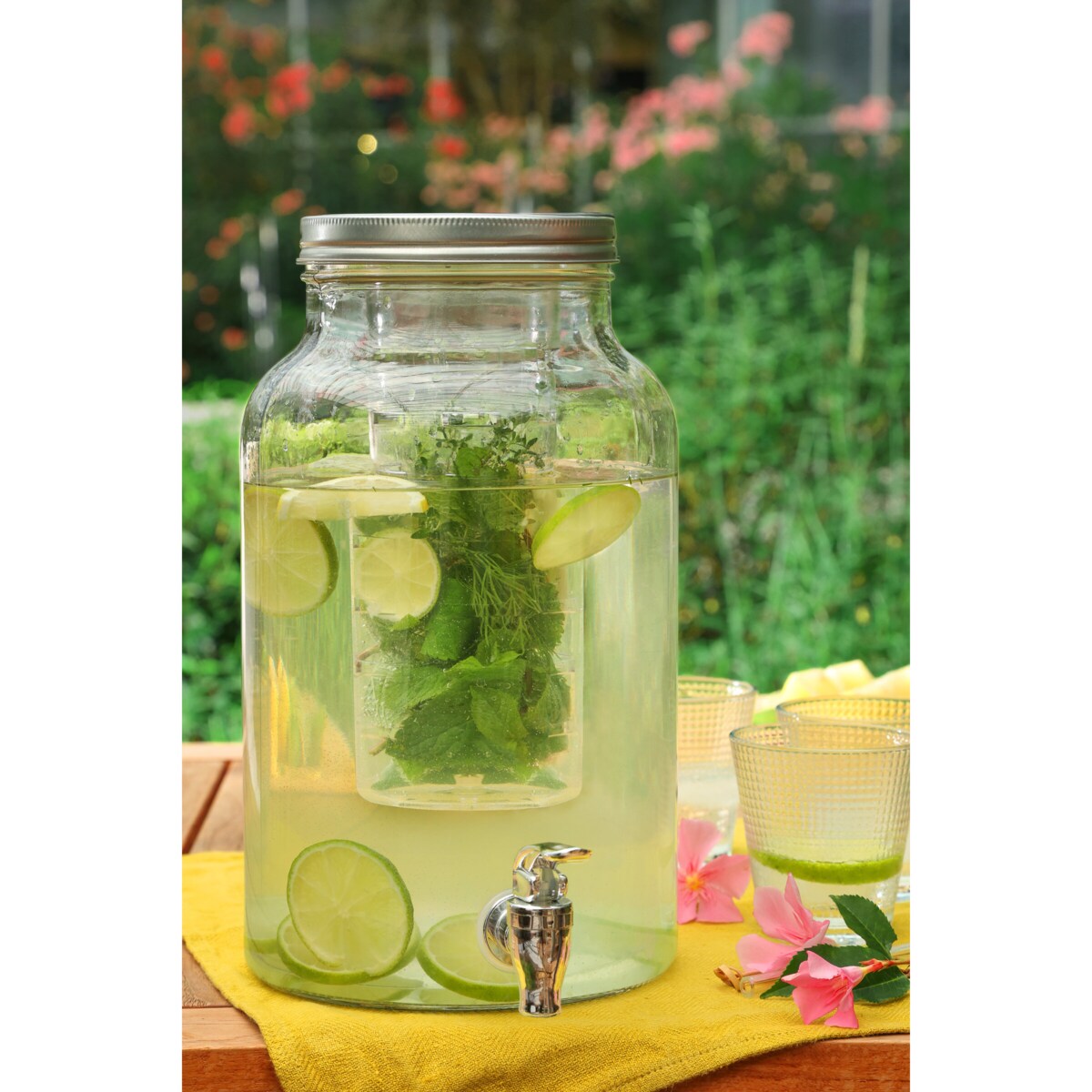 Szklany dozownik do napojów z kranikiem i wkładem na owoce FUZY, 6 l