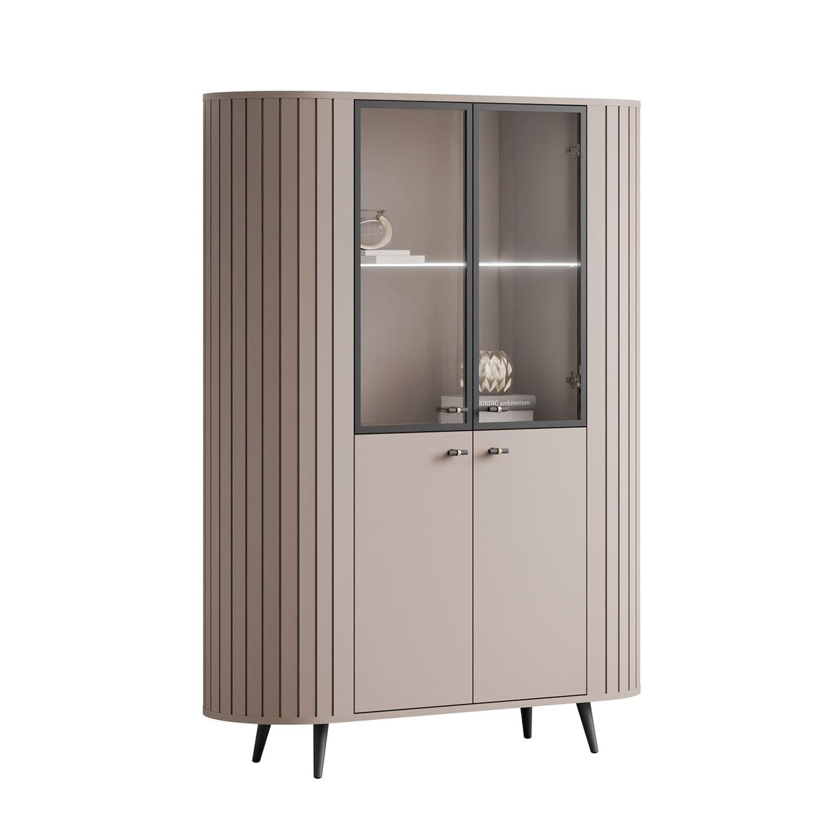 Witryna ELODIE II z oświetleniem LED, kaszmir / nóżki i uchwyty czarne