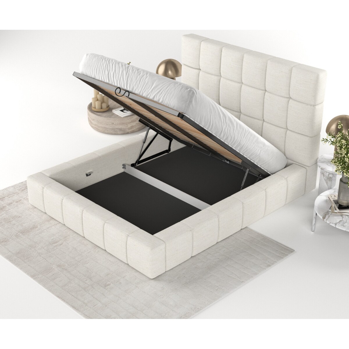 Łóżko tapicerowane SKIATHOS 200x200 z pojemnikiem, Kremowy, tkanina Modesto 492