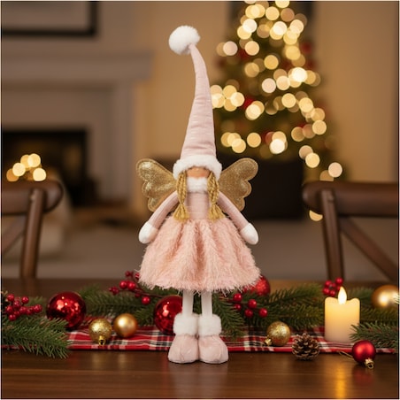 Aniołek Figurka Stojący 50 Cm Świąteczny Boże Narodzenie Różowa Czapka