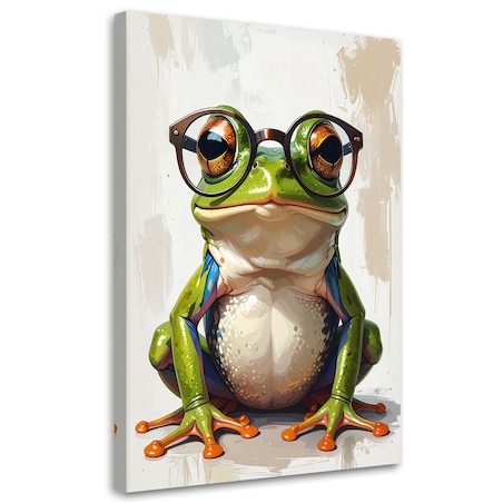 Obraz do pokoju nastolatka dziecka, Zielona żaba w okularach na beżowym tle 20x30 cm