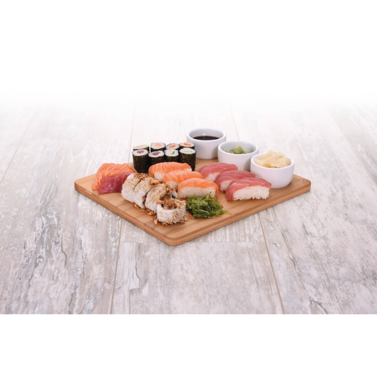 Zestaw do serwowania przekąsek, bambusowa taca i 3 miseczki