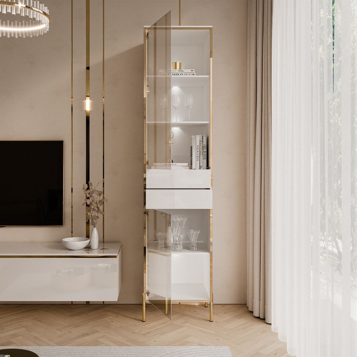 Witryna AURORA z oświetleniem LED biały połysk nogi proste