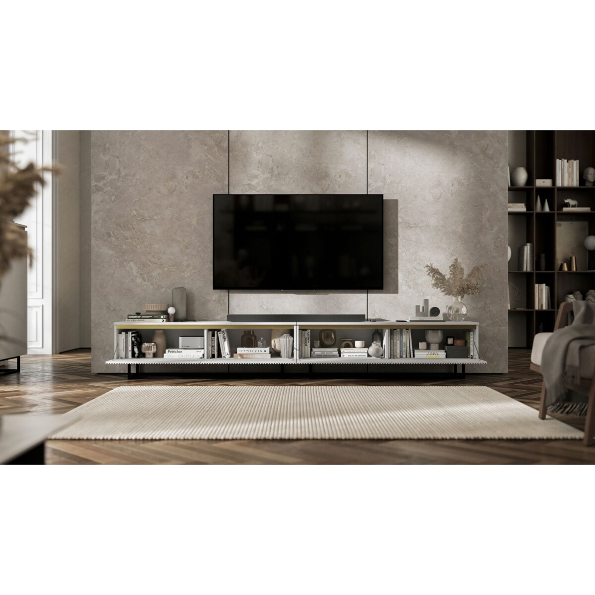 Nowoczesna Szafka RTV Glamour Komoda RTV Biały Mat 280 cm czarny stelaż