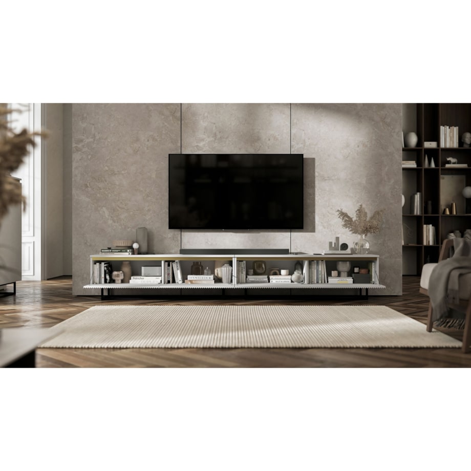 Nowoczesna Szafka RTV Glamour Komoda RTV Biały Mat 280 cm czarny stelaż