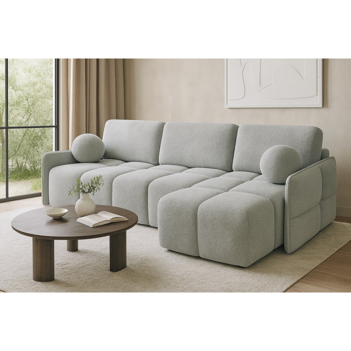 Narożnik MONO z funkcją spania i ozdobnymi poduszkami prawy, jasno-szary