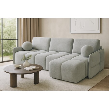 Narożnik MONO z funkcją spania i ozdobnymi poduszkami prawy, jasno-szary