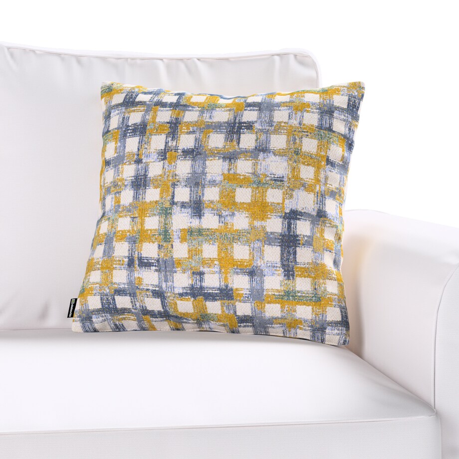 Poszewka Kinga na poduszkę 43x43 niebiesko-żółta krata na kremowym tle