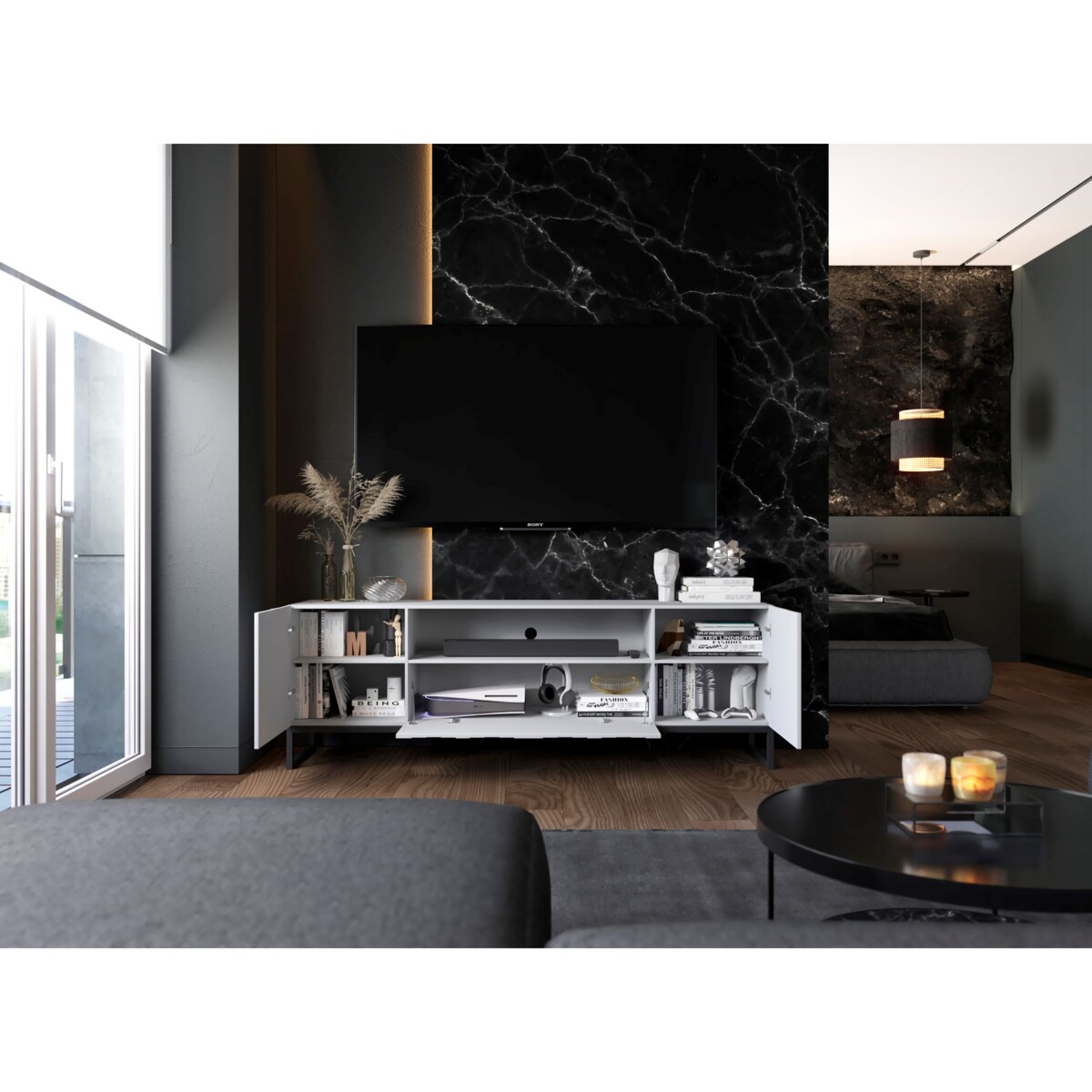 Szafka RTV Loft Biały MAT Komoda RTV Glamour Ryflowane fronty 150 cm Czarna Rama metalowa