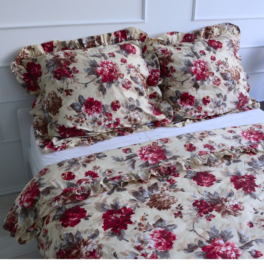 Pościel Bawełniana Z Falbanką Zestaw Komplet Do Sypialni Kwiaty Piwonii 200X200 Cm + 2 Poduszki 70X80 Cm