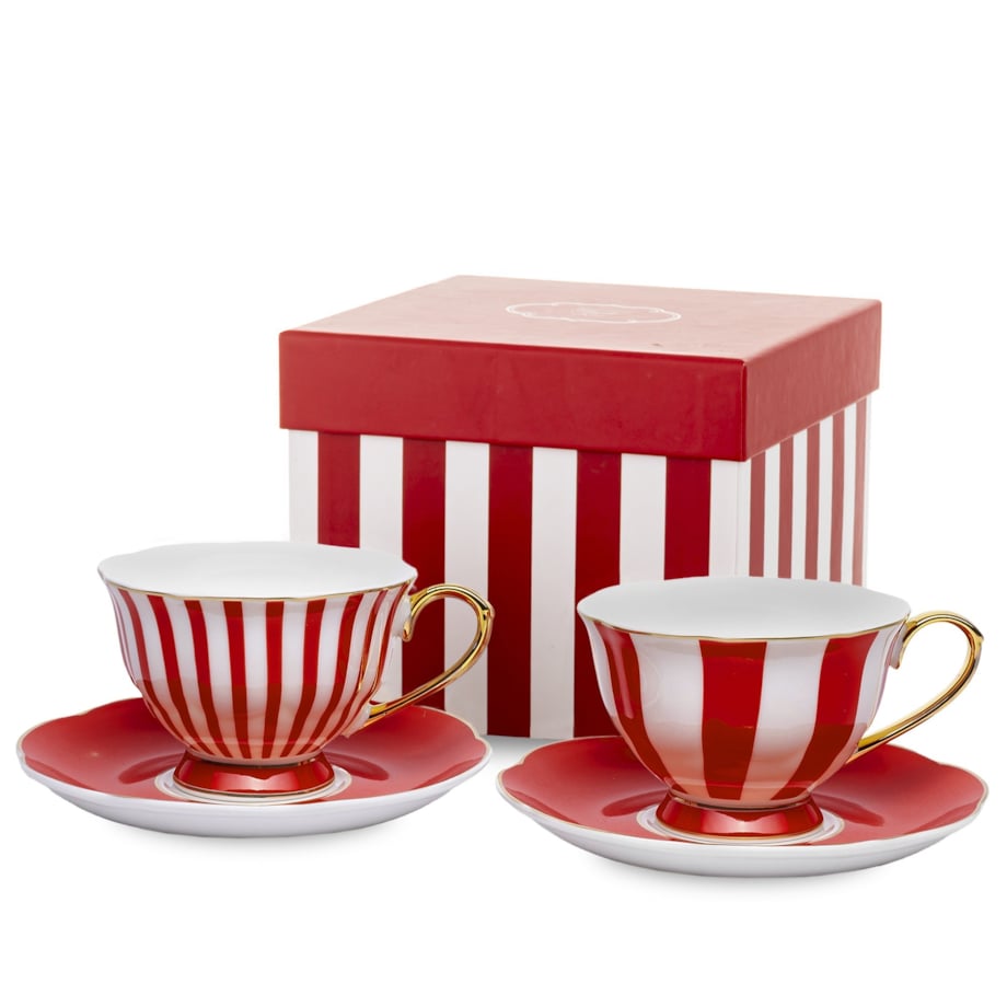 Zestaw - 2 Filiżanki 220 ml ze spodeczkami, w paski w pudełku TASSATTA - czerwony