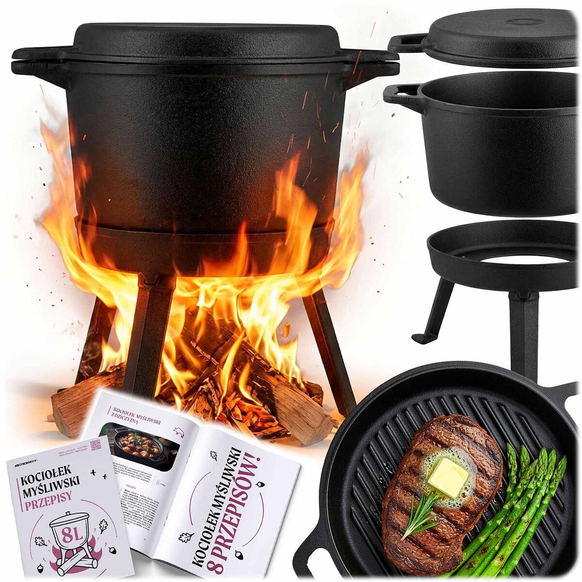 Kociołek żeliwny demontowany 8L Berdsen BD-480 garnek + patelnia grill + przepisy gratis