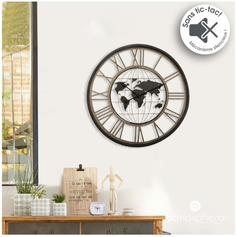 Zegar na ścianę z mapą świata i rzymskimi cyframi, cichy mechanizm, Ø 67 cm