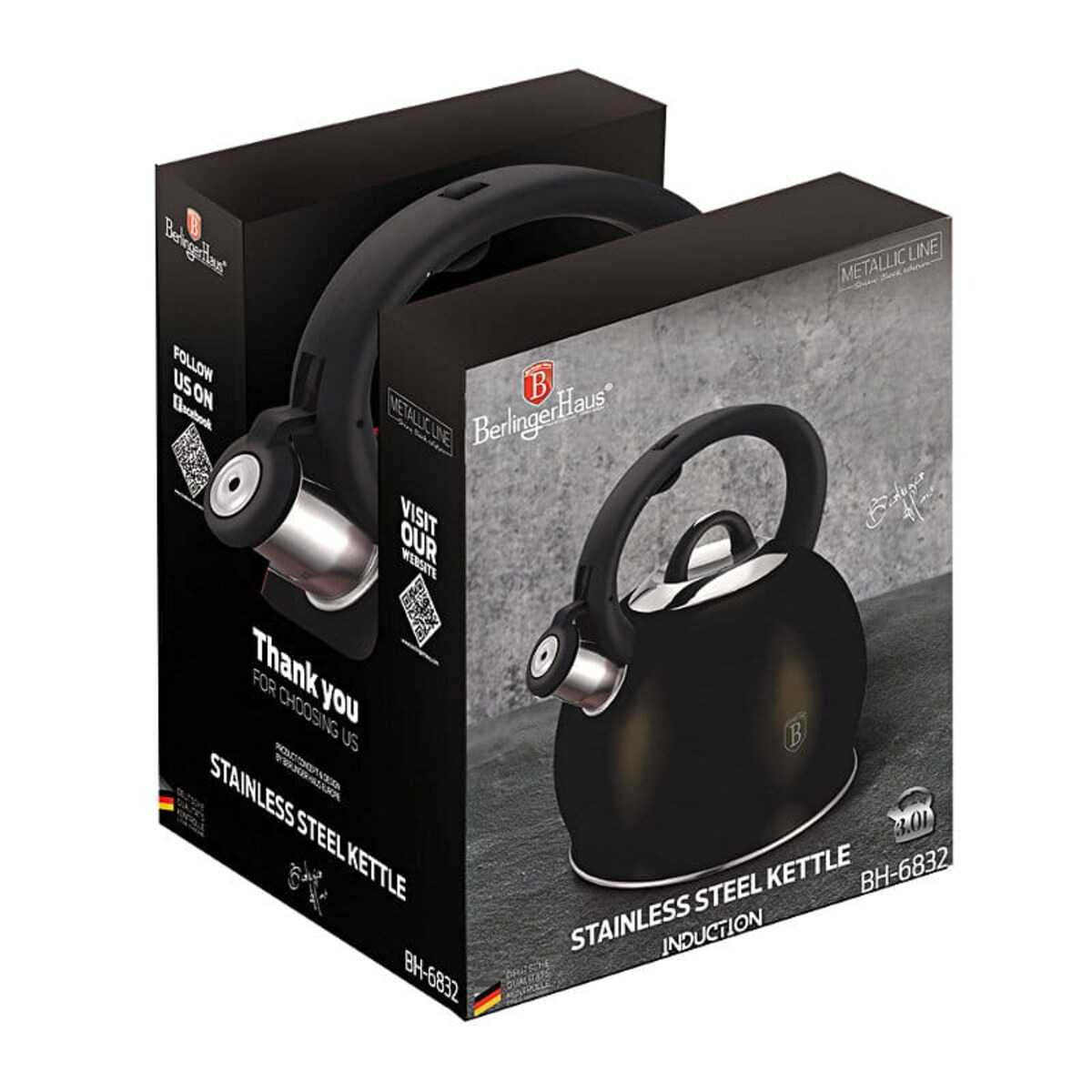 Czajnik 3L czarny stalowy na indukcje i gaz Shiny Black BH-6832