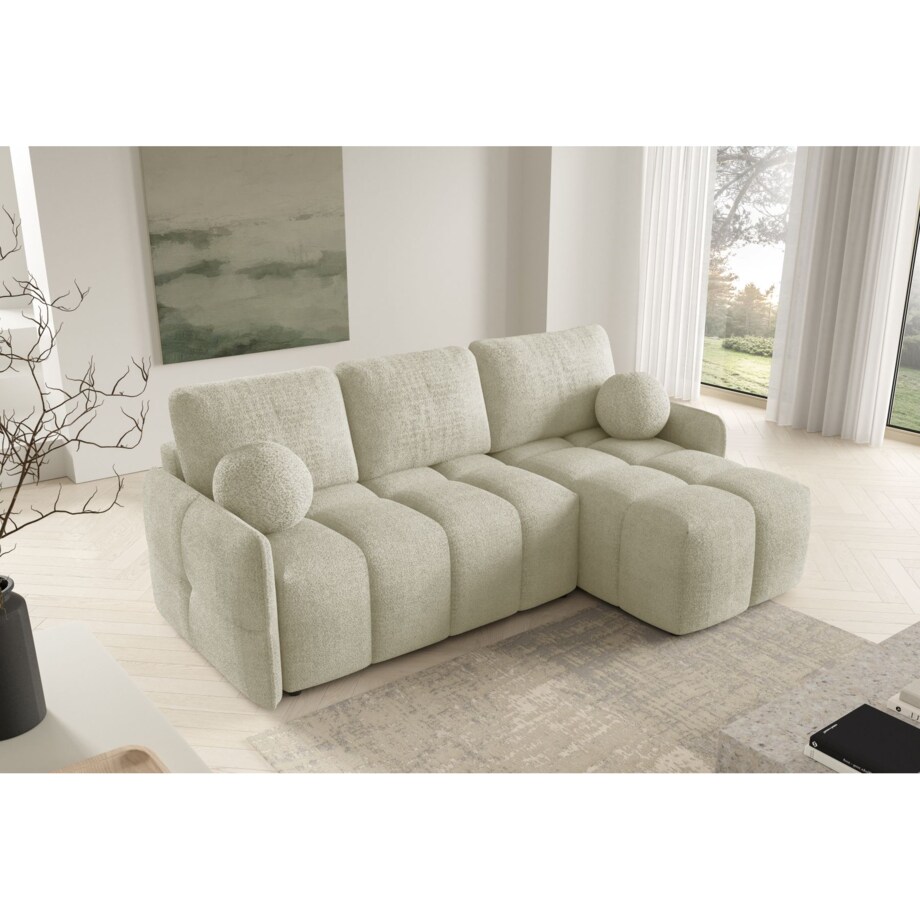 Narożnik MONO z funkcją spania i ozdobnymi poduszkami prawy, beżowy