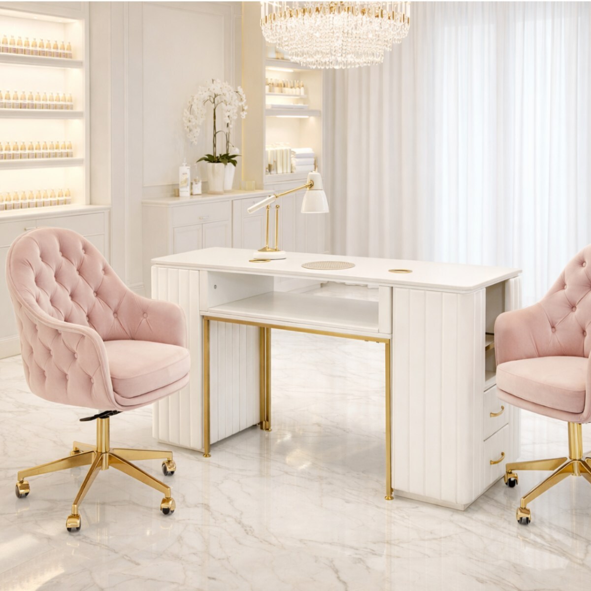 Biurko kosmetyczne z otworem na pochłaniacz biało-złote 130x45x78