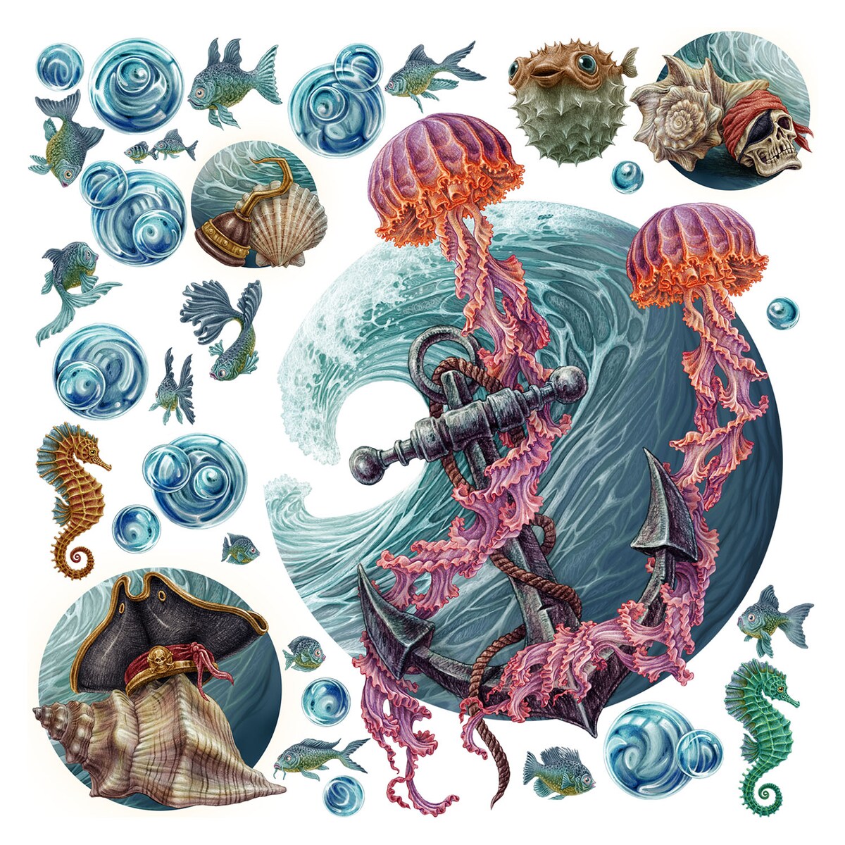 Zestaw naklejek na ścianę, Podwodny świat meduzy, 130cm