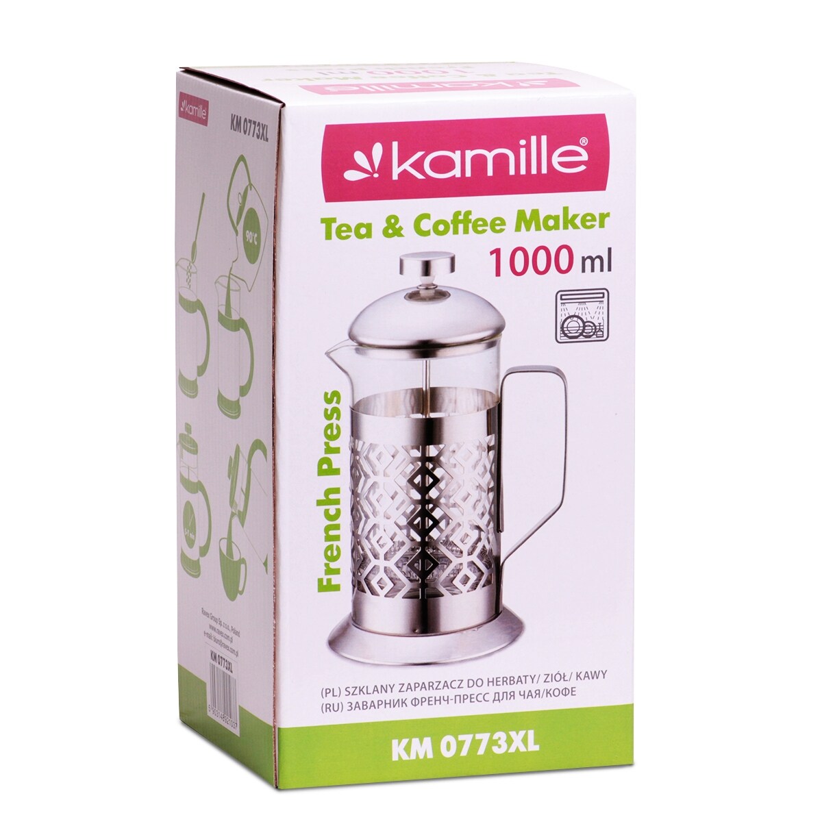 Zaparzacz szklany do herbaty kawy 1L tłokowy french press KAMILLE