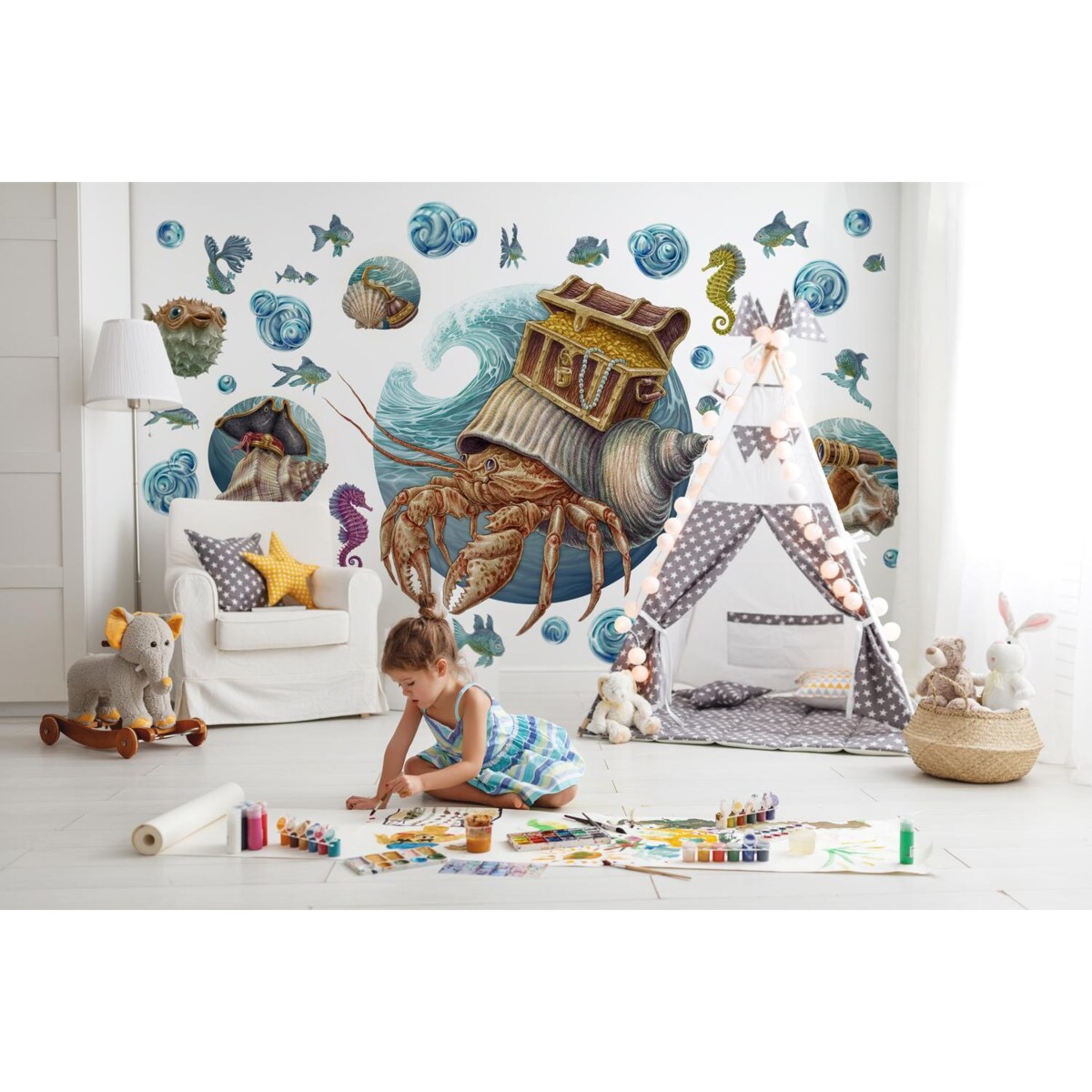 Zestaw naklejek na ścianę, Podwodny świat kraba, 80cm