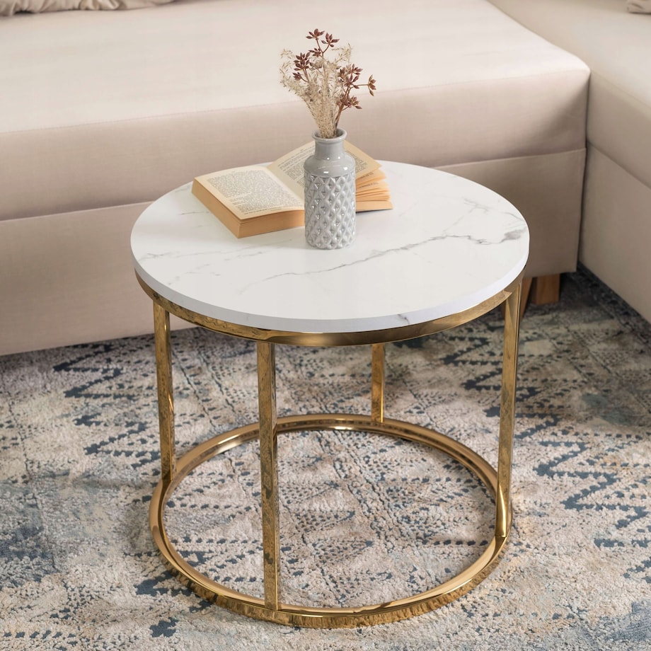 Stolik Kawowy Okrągły Ława Okrągła CLIFF Biały Marmur Złoty Glamour