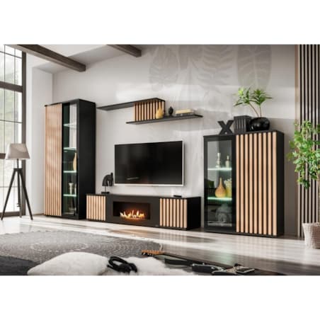 Meblościanka CAMERON LED hickory jackson/czarna z biokominkiem