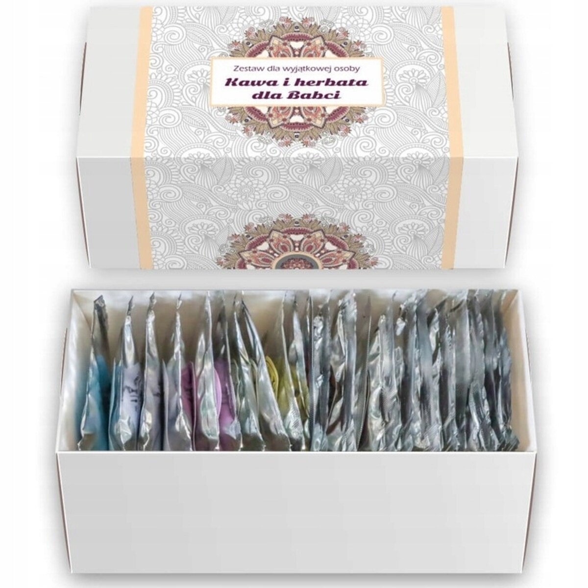 Zestaw prezentowy KAWA I HERBATA DLA BABCI - 10 różnych kaw smakowych i 10 herbat sypanych - prezent upominek na Dzień Babci 60 70 80 90 urodziny