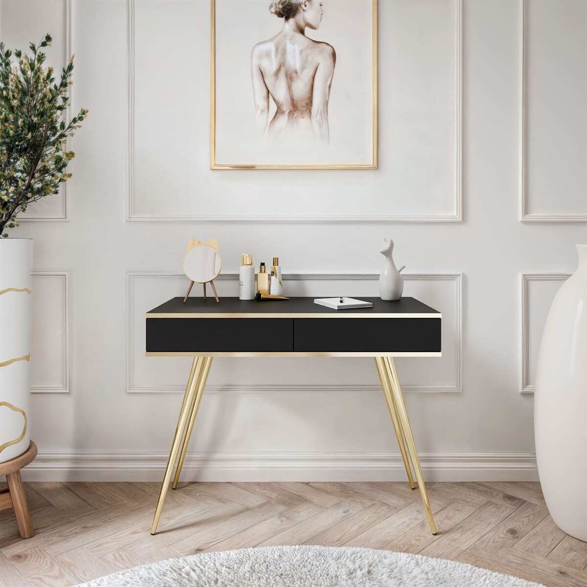 Konsola OXFORD z szufladami na złotym stelażu, czarny mat