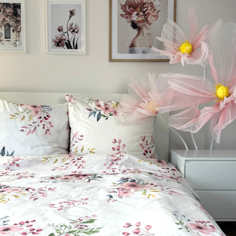 Pościel bawełniana satynowa 200x220 cm POLSKA Kwitnąca Wiśnia biała