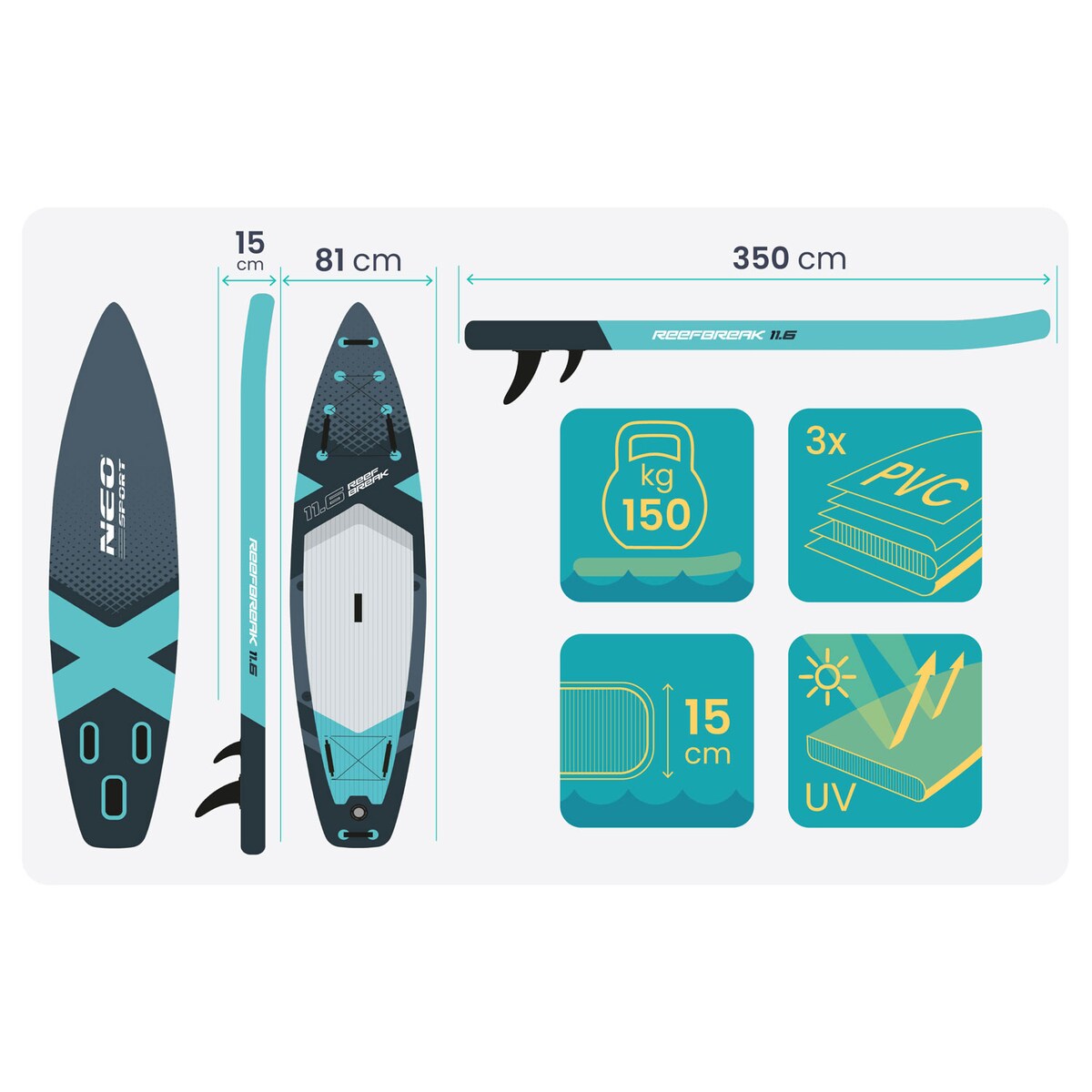 Deska SUP do pływania Neo-Sport pompowana STAND UP PADDLE Reefbreak 350cm ZESTAW