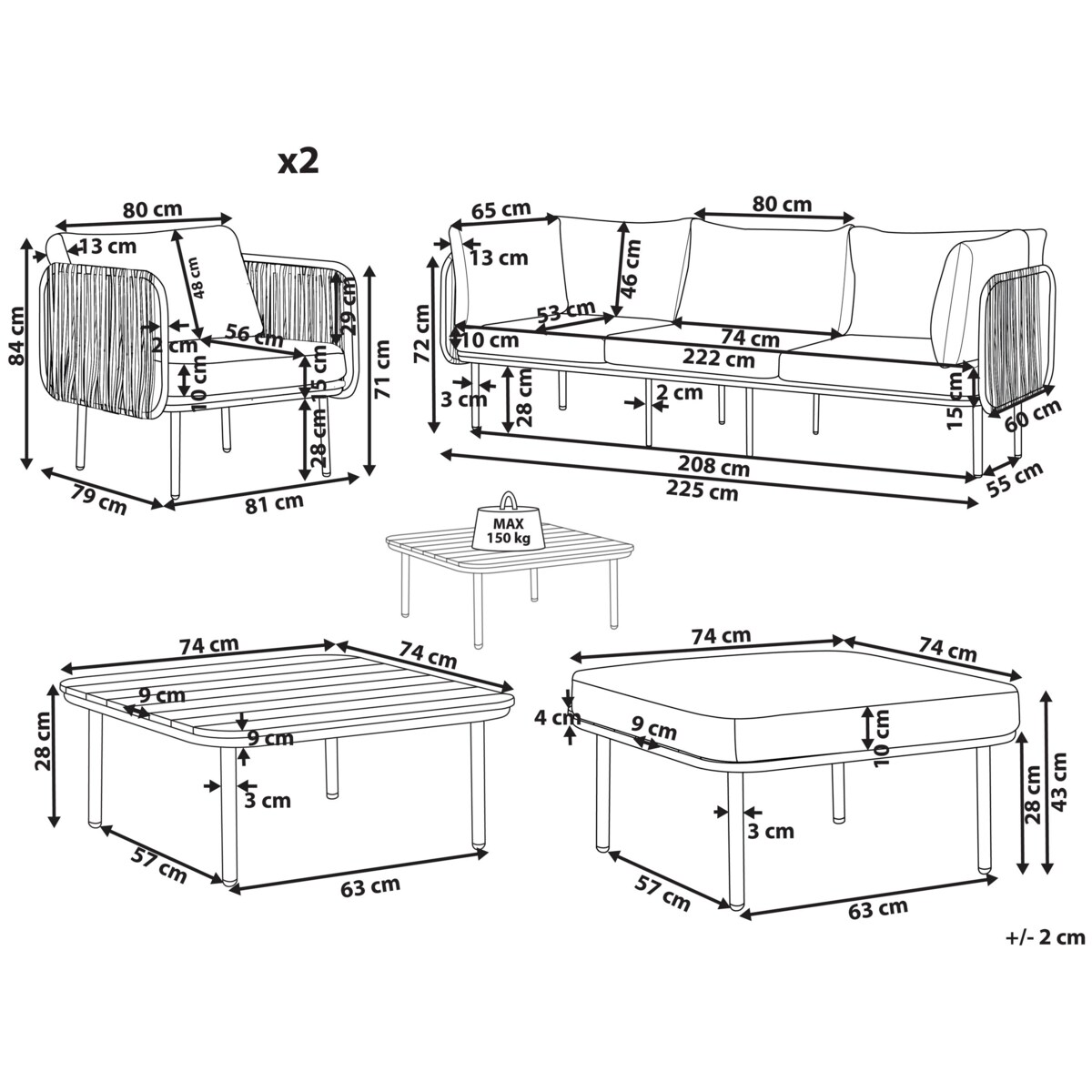 Duży zestaw wypoczynkowy Aluminium Szary SENISE