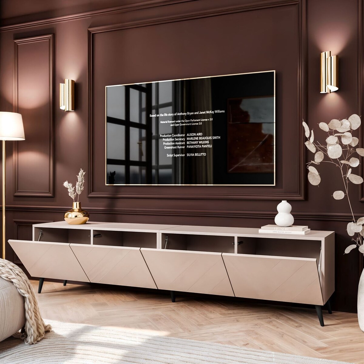 Szafka RTV COLGANTE 200 kaszmir wysoki połysk, oświetlenie LED, nóżki skośne czarne