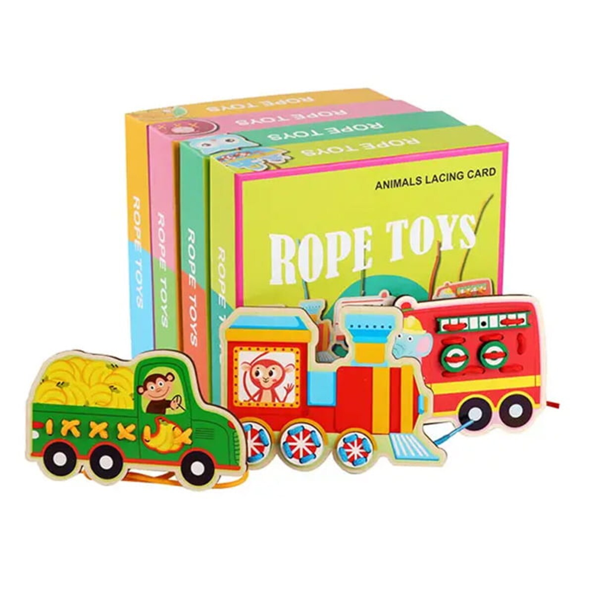 Puzzle drewniane Montessori - sznurówki - nauka wiązania Pojazdy