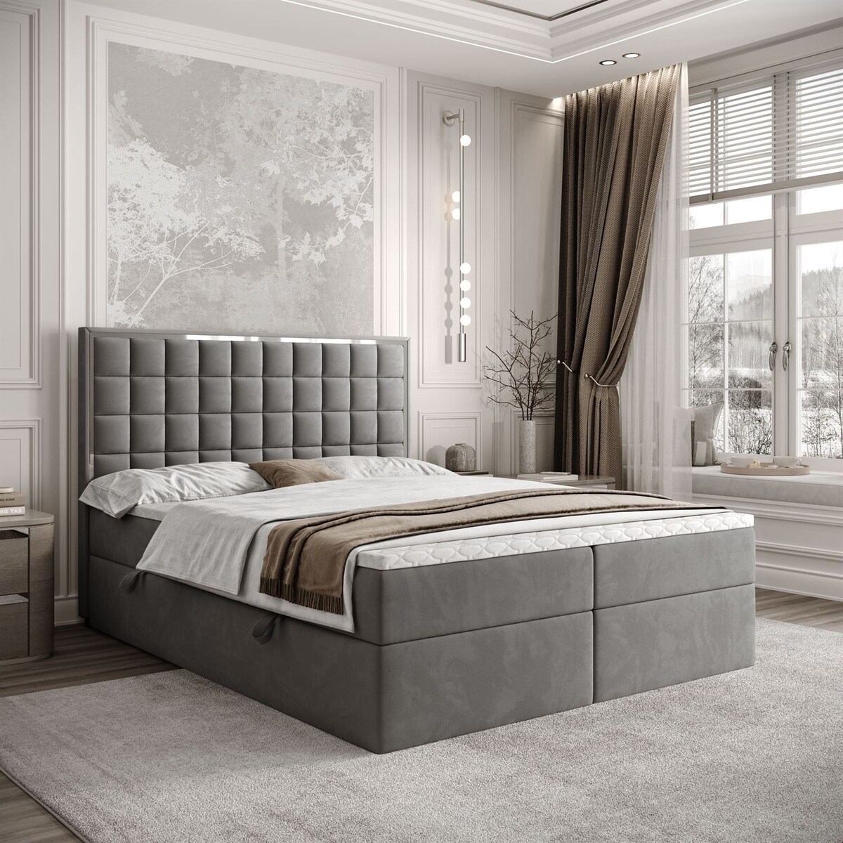 Łóżko kontynentalne ISADORA SILVER, pojemnik na pościel, 160x200, RV 250, topper