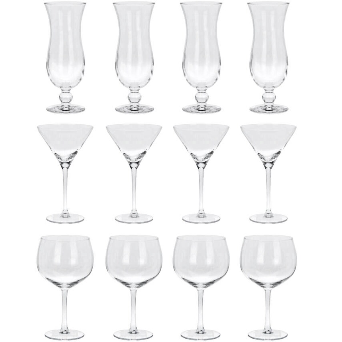 Kieliszki do drinków, 3 rodzaje szklanek do drinków: Gin, Tonic, Hurricane, 12 sztuk