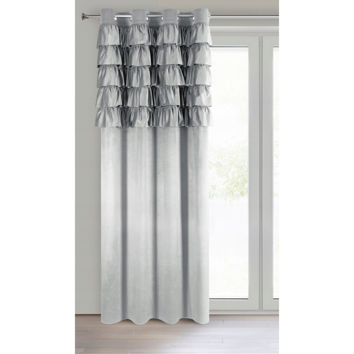 Zasłona WELUROWA Gotowa na PRZELOTKACH z FALBANAMI Aura 140 x 250 SREBRNA