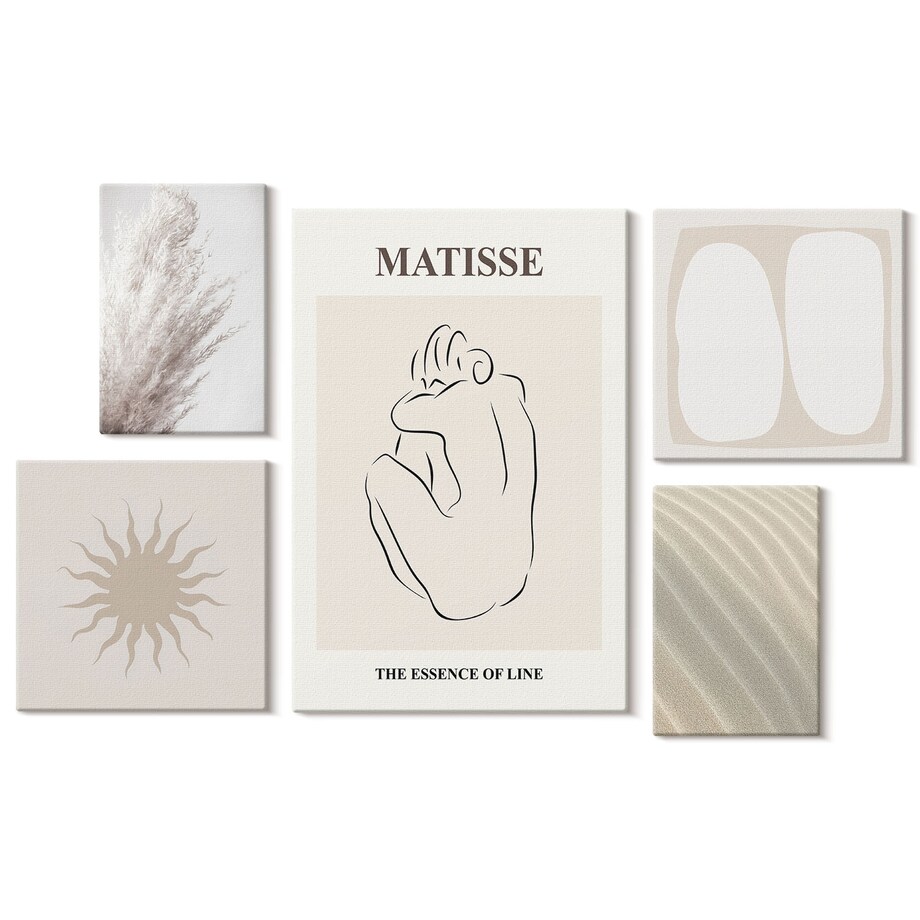 Zestaw 5 obrazów na płótnie - Styl boho minimalistyczne formy - beżowy