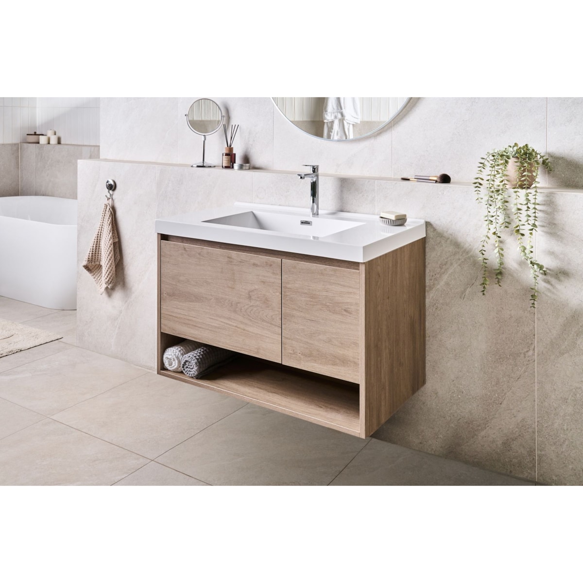 Szafka łazienkowa wisząca z umywalką UMAYO 90 cm Jasnobrązowy