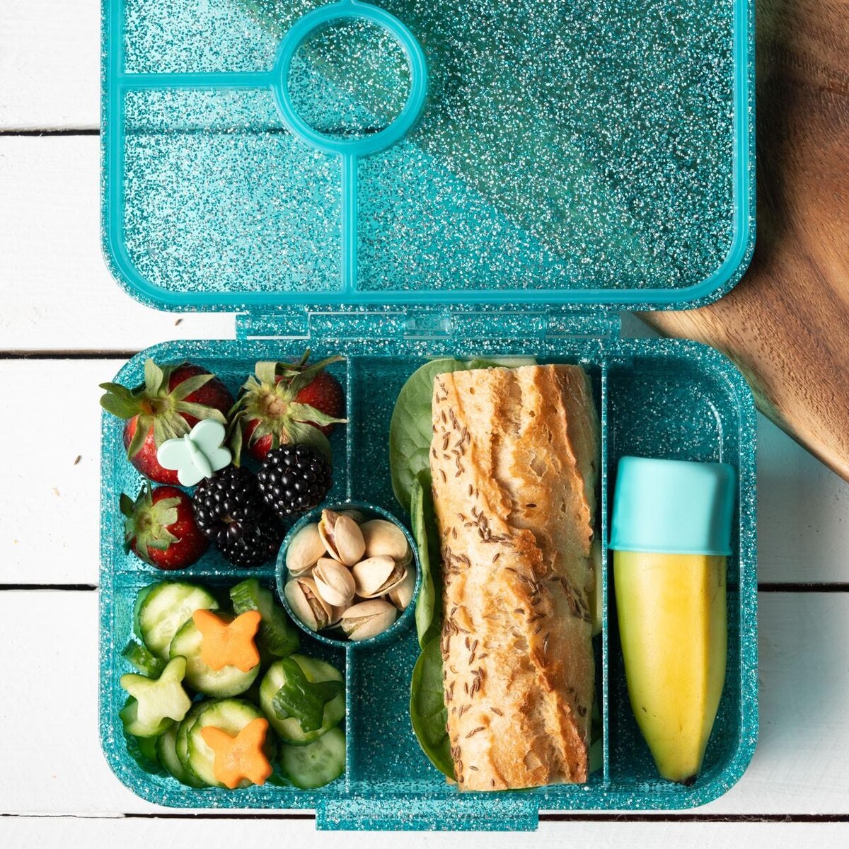 LEKKABOX GLAMOUR brokatowa śniadaniówka z przegródkami, Aqua