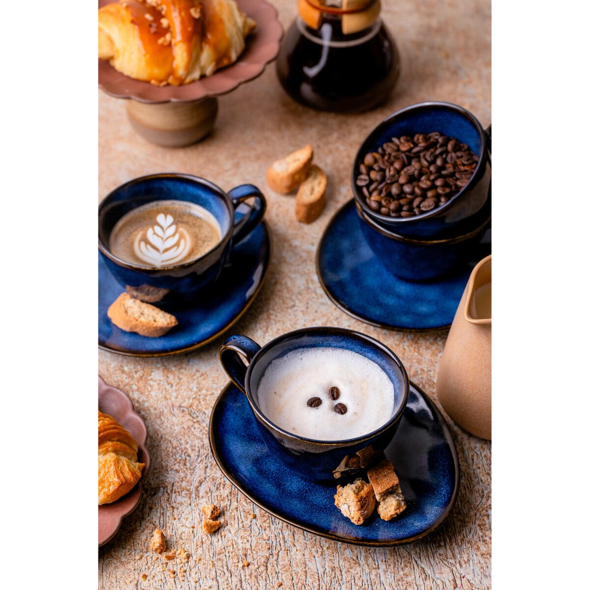 Serwis kawowy Uminami niebieski na 12 osób 24 szt. Nowoczesny Do zmywarki Komplet filiżanka i spodek