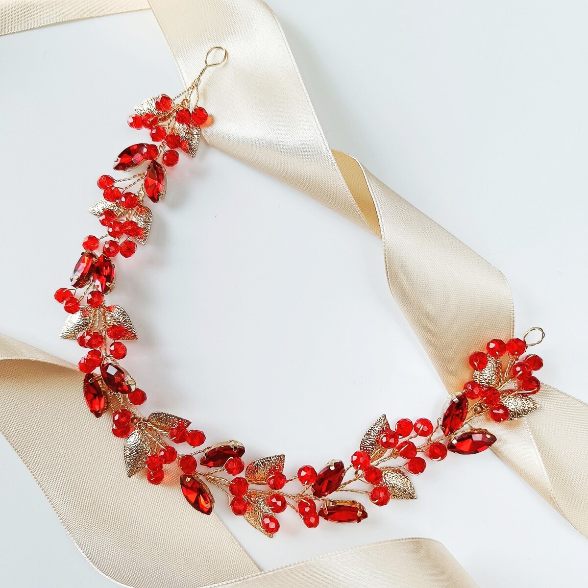 złota czerwona GAŁĄZKA opaska do włosów z kryształkami cyrkoniami listkami