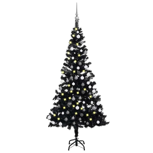 vidaXL Sztuczna choinka z lampkami i bombkami, czarna, 120 cm, PVC