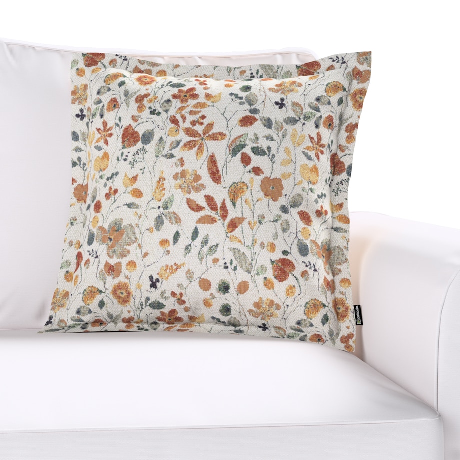 Poszewka Mona na poduszkę 45x45 pomarańczowo-zielone kwiaty na kremowym tle