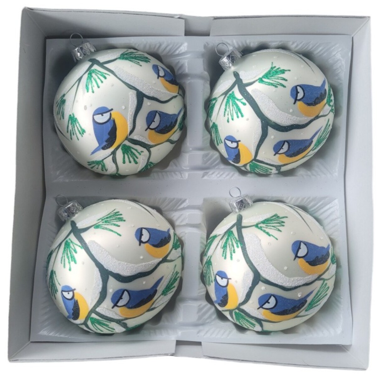 Komplet 4 szklanych bombek Ø 120 mm z ptaszkami TETTA