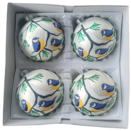 Komplet 4 szklanych bombek Ø 120 mm z ptaszkami TETTA
