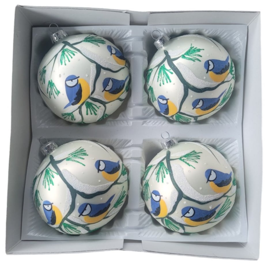 Komplet 4 szklanych bombek Ø 120 mm z ptaszkami TETTA